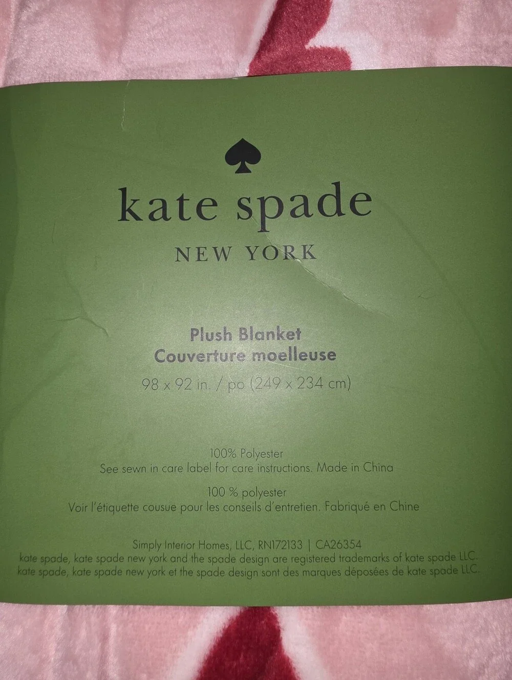 kate spade Pink Plush with Heart Print Plush Full/Queen Bkanket